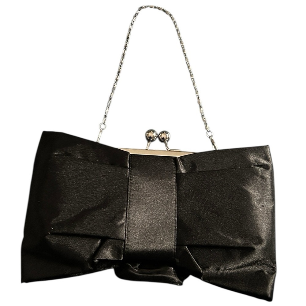 Black Satin Evening Bag with Gray Satine Fabric Flower and Chain - Picture 4 of 6